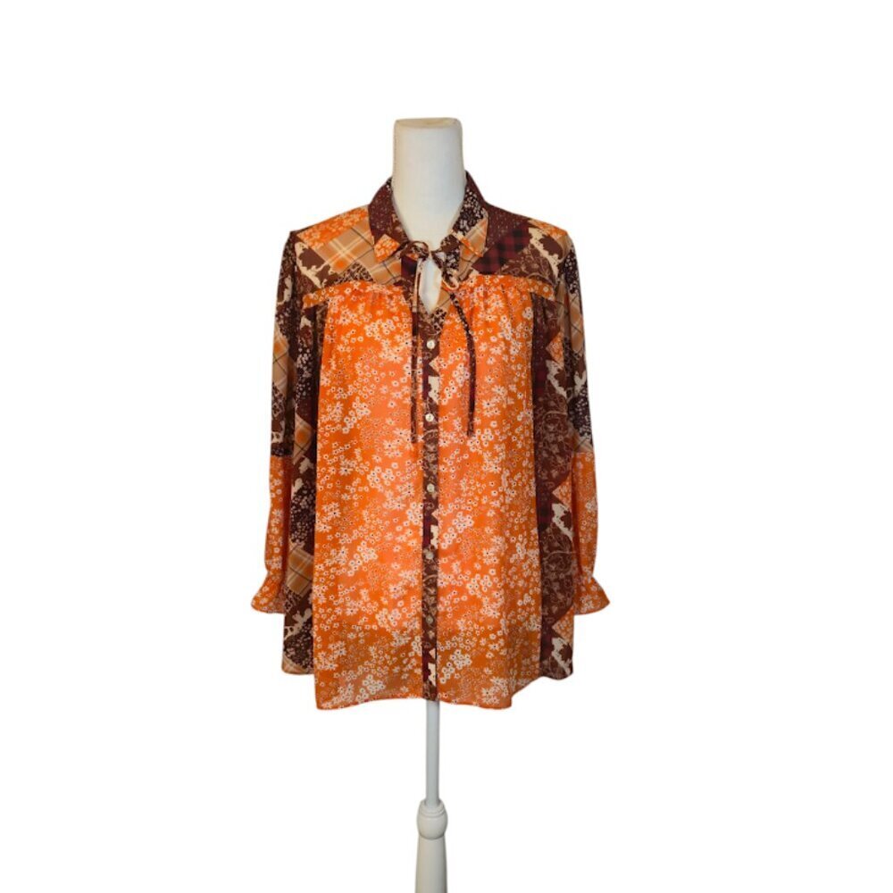 Cato Patchwork Floral Top Women Size 18/20W Orange Sheer Bohemian Preppy Fall